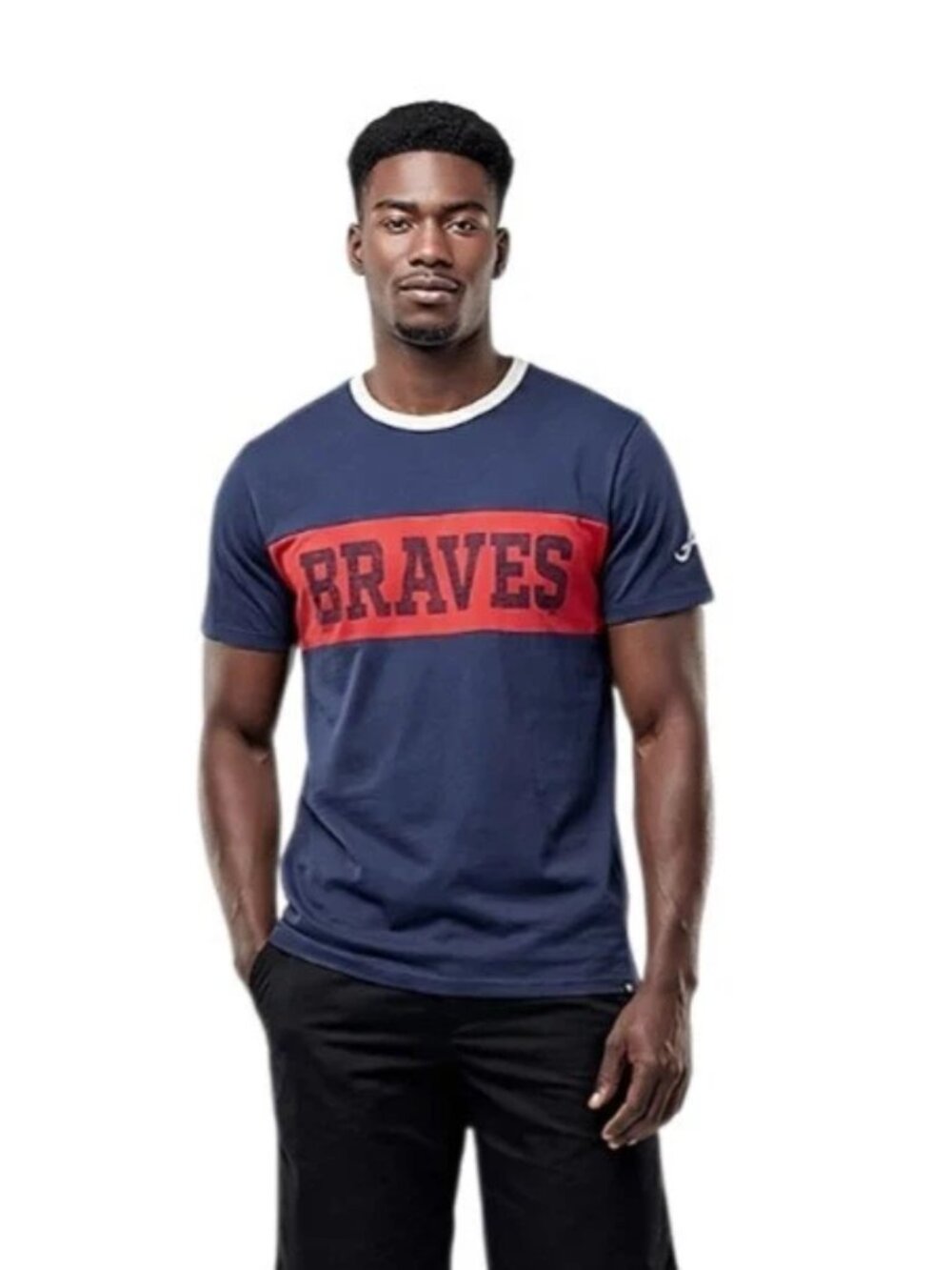 Atlanta Braves T Shirt Size Medium Blue Red Stripe Doubleheader Parker Tee